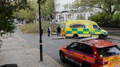 Police and London Ambulance services in Kensington, west London where a woman has died after a tree fell into the street during high winds caused by the remnants of Hurricane Gonzalo