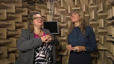 Sophie Scott and Claudia Hammond in an anechoic room