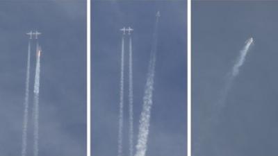 A combination of photos show Virgin Galactic SpaceShipTwo as it detaches from the jet airplane that carried it aloft and then exploding over the skies of the Mojave Desert