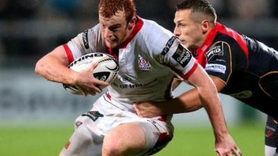 Ulster's Peter Nelson is tackled by Dragons opponent Jason Tovey