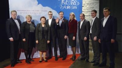 Prime Ministers of the Scandinavian and Baltic countries and Britain pose for a family picture during the Northern Future Forum seminar in Helsinki