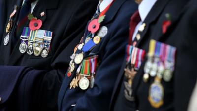 World War II veterans display their medals and poppies