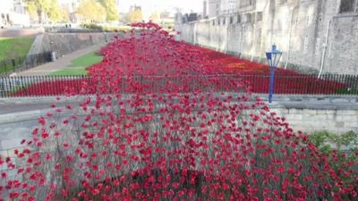 Ceramic poppies cascading over the bridge of the Tower of London