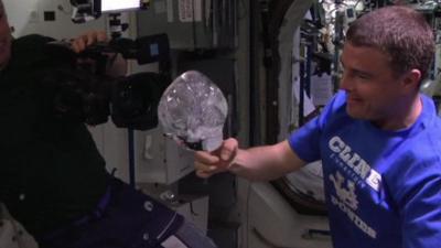 A water bubble on the International Space Station