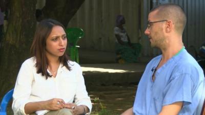 Will Pooley talking to Tulip Mazumder