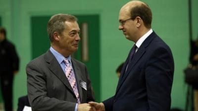 United Kingdom Independence Party (UKIP) leader Nigel Farage (L) shakes hands with Mark Reckless