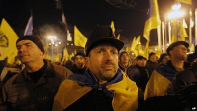 Ukrainians with flags at a rally in Kiev