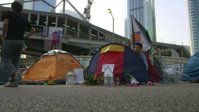 Protesters and tents at a camp in Hong Kong