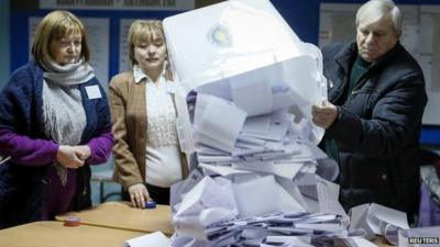 Electoral commission members empty a ballot box in Chisinau, Moldova. Photo: 30 November 2014