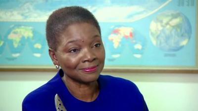 UN Emergency Relief Coordinator Valerie Amos seated in BBC interview