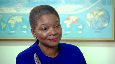 UN Emergency Relief Coordinator Valerie Amos seated in BBC interview