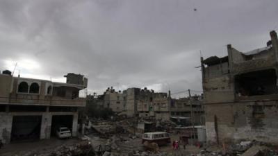 Gaza skyline of half-destroyed buildings