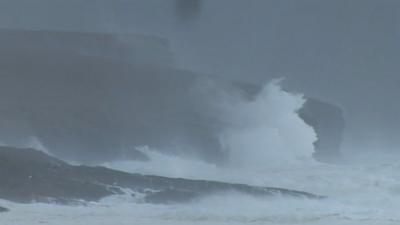 Waves crash on Orkney