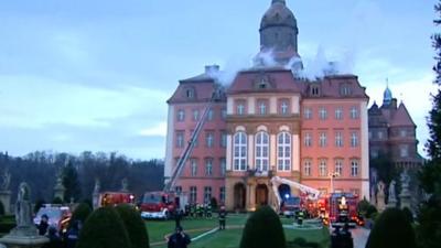 Firefighters tackle the blaze at Ksiaz Castle in Lower Silesia, Poland