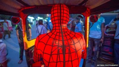 Spiderman driving a toktok in Egypt