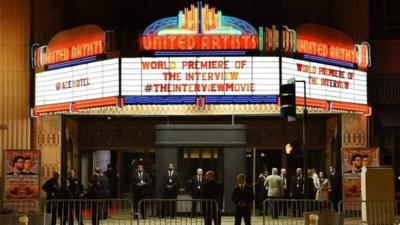 Security is seen outside The Theatre at Ace Hotel before the premiere of the film The Interview in Los Angeles