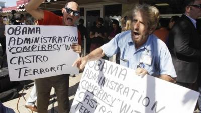 Anti-Castro activists Osvaldo Hernandez (L), and Miguel Saavedra protest in Little Havana in Miami, Florida December 17, 2014.