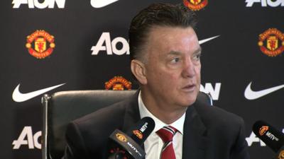 Manchester United manager Louis Van Gaal's press conference is interrupted by an announcement on the club's public address system