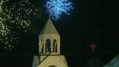 Fireworks above Church of the Nativity in Bethlehem