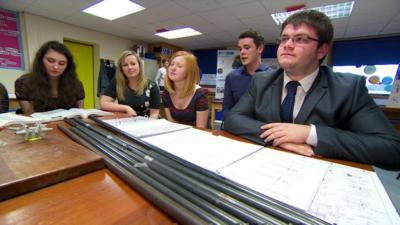 Pupils at St Benedict's school in Cumbria, with Andrew Ballantyne (2nd from the right) of the National Nuclear Laboratory