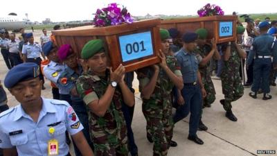 Indonesian military carry the caskets containing the bodies of two passengers