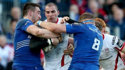 Match action from Leinster against Ulster at the RDS