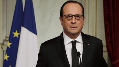 French President Francois Hollande delivers a speech at the Elysee Palace after a shooting at the Paris headquarters of satirical weekly Charlie Hebdo killing at least 12 people and injuring many, January 7, 2015