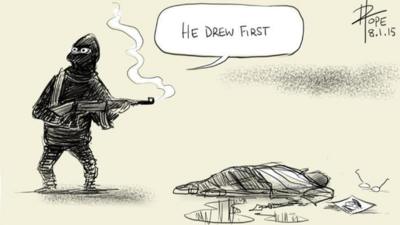 Cartoon showing gunman saying "He drew first" next to the body of a cartoonist