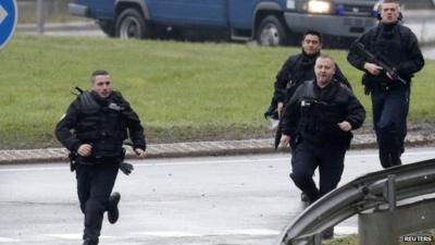 French gendarmerie at the scene of a hostage taking at an industrial zone in Dammartin-en-Goele