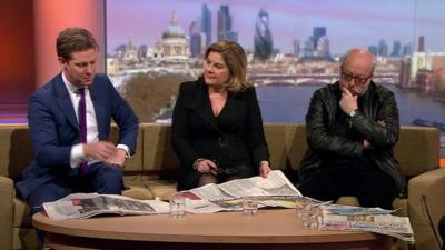 Fraser Nelson, Editor of the Spectator, Bénédicte Paviot, UK Correspondent for France 24 and Peter Brookes, cartoonist for The Times review the Sunday papers with Andrew Marr.