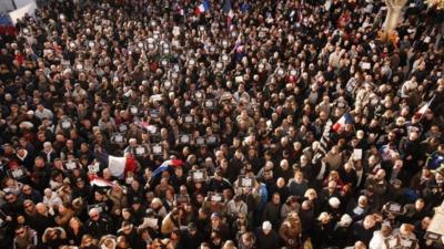 Demonstrators take part in a Unity rally "Marche Republicaine" on January 11, 2015 in Beaucaire, France. The French far-right National Front (FN) held their own rally after being excluded from the Paris unity rally.