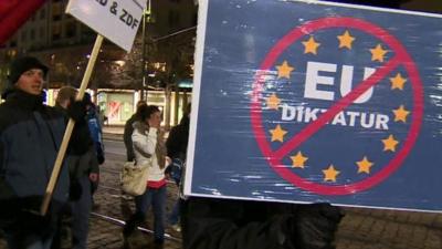 Supporters of Pegida march in Dresden