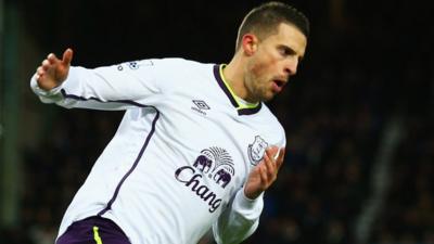 Kevin Mirallas celebrates scoring a stunning free-kick for Everton