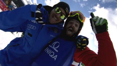 Italy's Luca Matteotti celebrates gold in the Snowboard Cross World Championship final