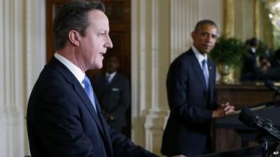 David Cameron speaking at a press conference with Barack Obama in the White House