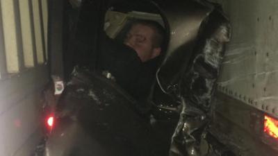 Kaleb Whitby trapped in what was left of his truck