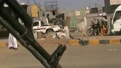 A Houthi rebel road block in Sanaa