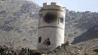 A damaged guard post at the Presidential Guards barracks