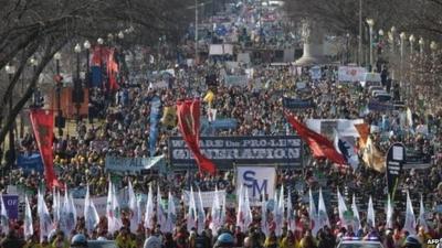 Anti-abortion activists take part in the annual March for Life on January 22, 2015 in Washington, DC.