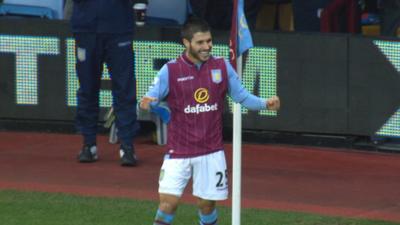Carles Gil celebrates after scoring for Aston Villa