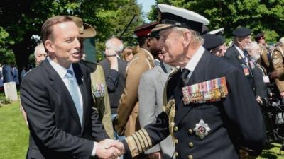 File photo dated 06/06/14 of the Duke of Edinburgh, Prince Philip meeting Australian Prime Minister Tony Abbott