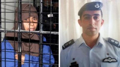 A composite image showing Jordanian pilot Lieutenant Mu"ath al-Kaseasbeh (R), and Sajida Mubarak al-Rishawi (L)