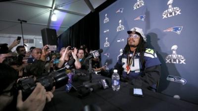 Seattle Seahawks' Marshawn Lynch at a news conference ahead of Sunday's NFL Super Bowl, Phoenix, 28 January 2015