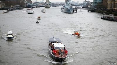 The Havengore - which carried Winston Churchill's coffin, returns to the the Thames