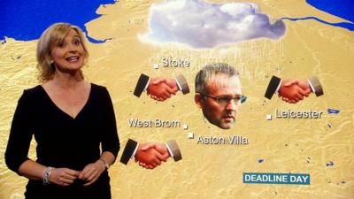 BBC Weather presenter Carol Kirkwood gives a forecast on the comings and goings at Premier League clubs on transfer deadline day