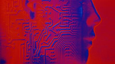 An artwork of a circuit board and a human head