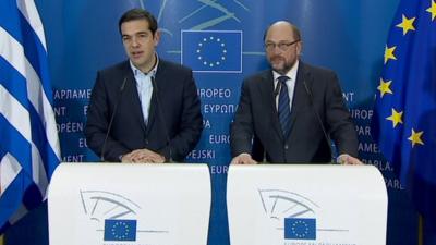 Greek PM Alexis Tsipras (left) and EU Parliament President Martin Schulz