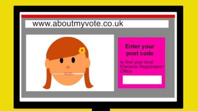 Cartoon of a computer with a woman on the voter registration website