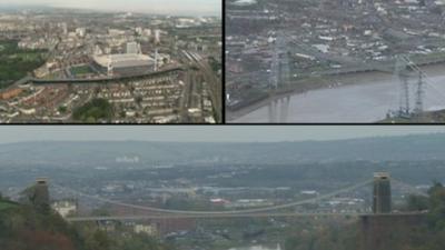 Montage picture of Newport, Cardiff and Bristol