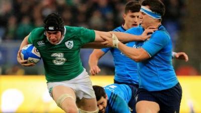 Ireland's Tommy O'Donnell breaks through to score against Italy